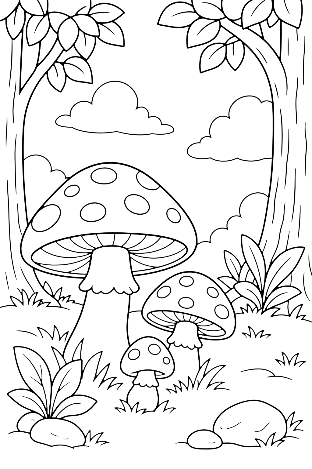Coloriage clairière avec champignons
