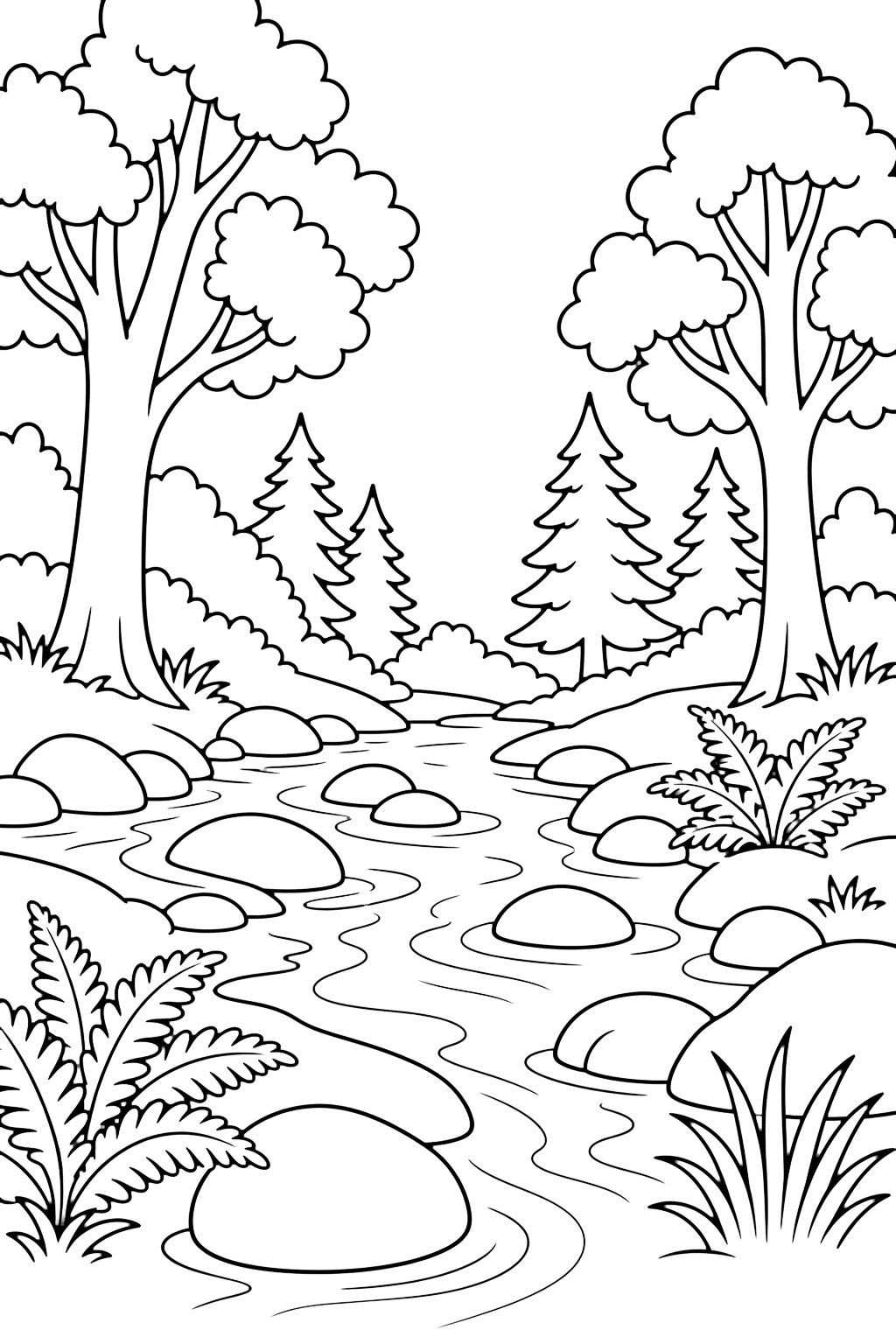 forest stream with stones coloring page with a clear forest stream flowing around rounded stones with trees, ferns, grass tufts, and open sky for kids
