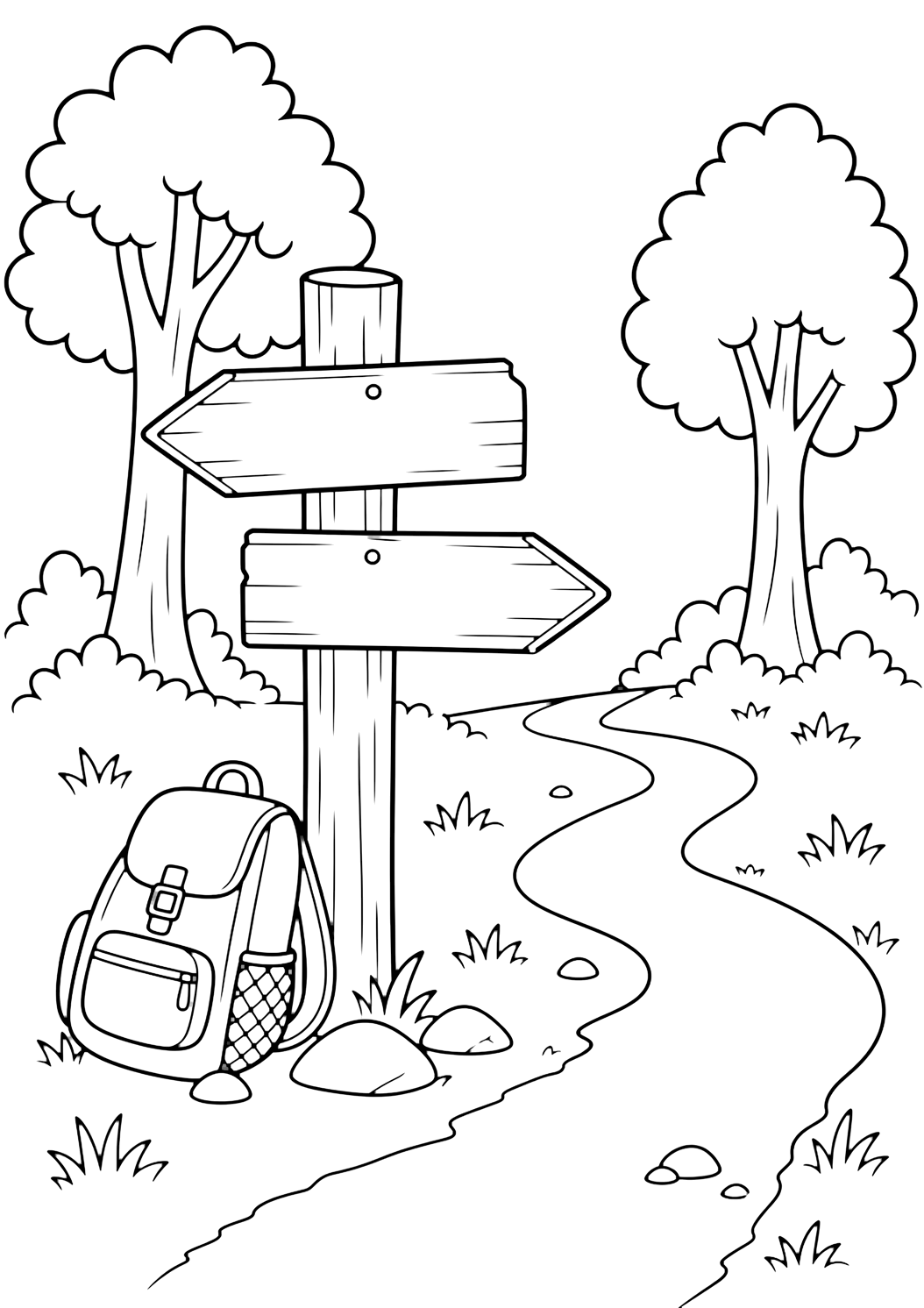 Waldwegweiser-Ausmalbild mit leeren Holzschildern, Rucksack, Bäumen, Steinen und Weg