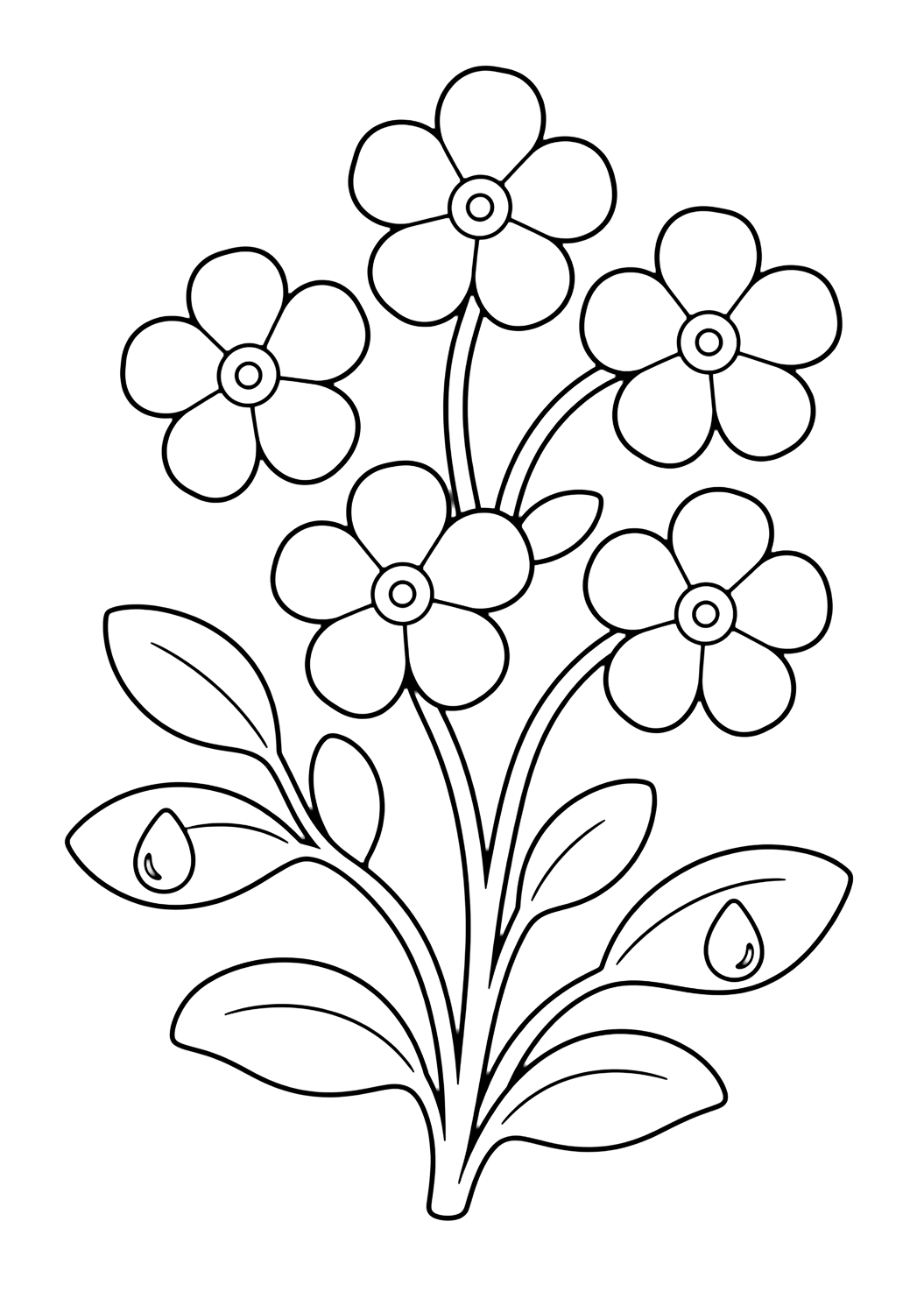 Nomeolvides para colorear con cinco pequeñas flores de cinco pétalos ampliadas para colorear, tallos curvos, hojas ovaladas y dos gotas de rocío. Ideal para niños que disfrutan flores silvestres para colorear para imprimir y colorear online.