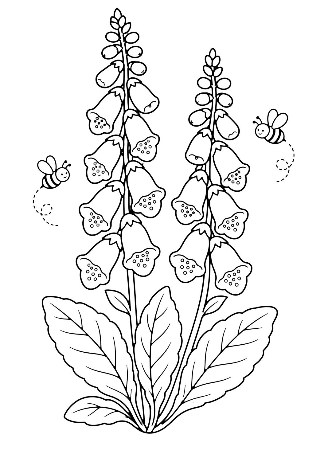 Dedaleras silvestres para colorear con dos tallos altos con flores en forma de campana colocadas en vertical, hojas anchas en la base y dos abejas pequeñas. Ideal para niños que disfrutan flores silvestres para colorear para imprimir y colorear online.