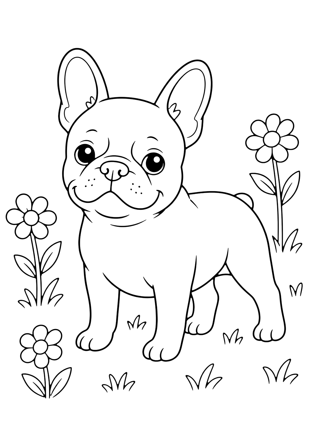 Bouledogue français dans le pré à colorier