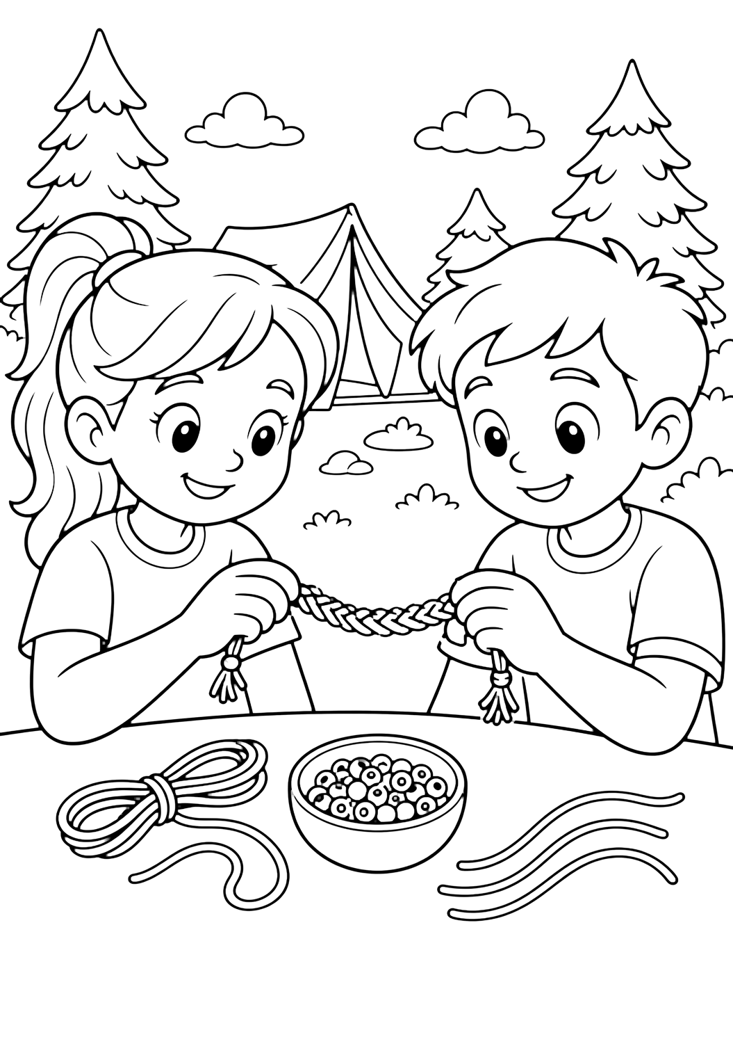 friendship bracelet craft coloring page with two cheerful fully clothed children making simple woven friendship bracelets at a craft table, with a small bead bowl, thread strands, and no readable pattern card