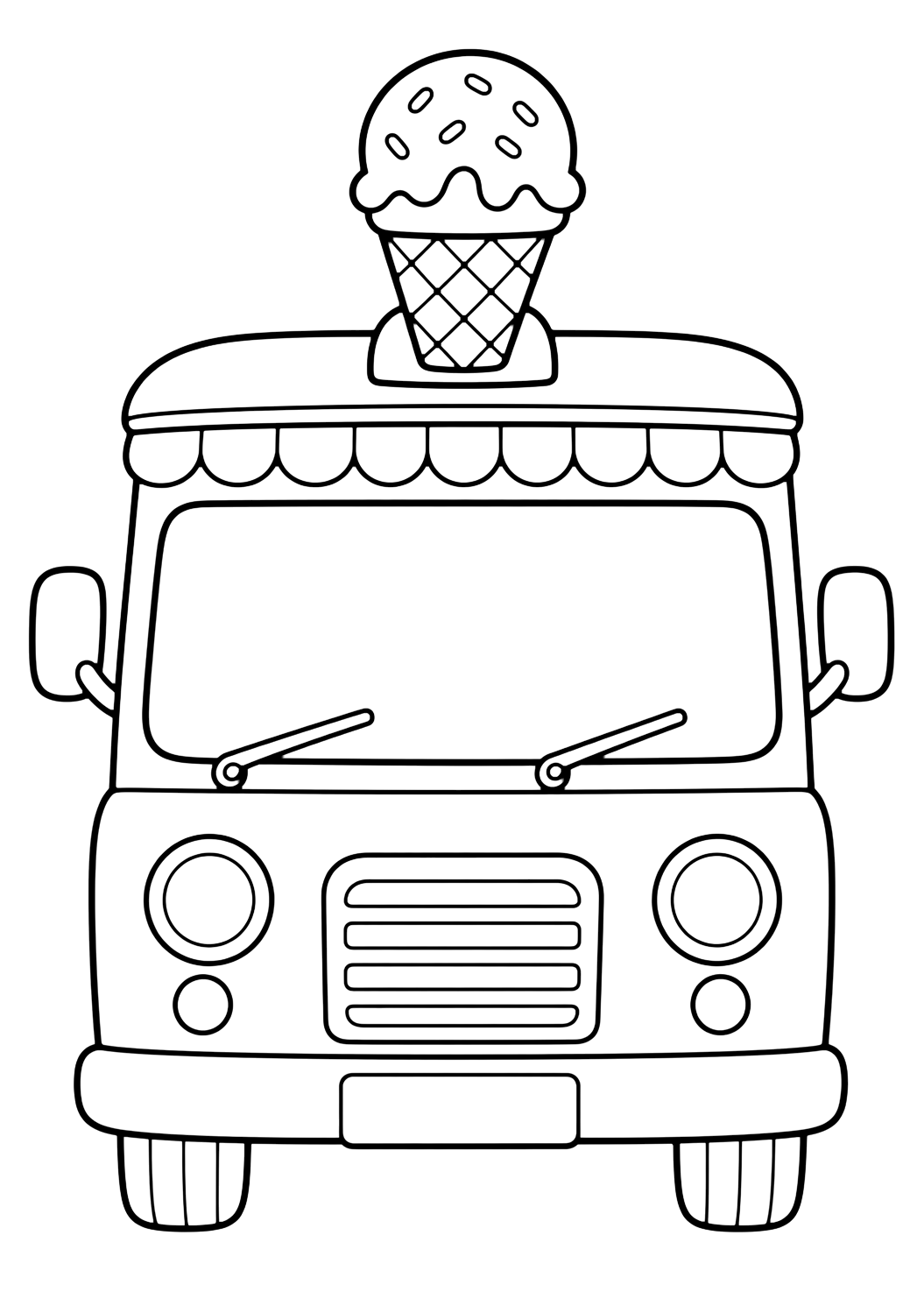 front view ice cream truck coloring page with a front view of an ice cream truck with a windshield, round headlights, simple bumper, a small cone icon on the roof, and blank license plate area for kids