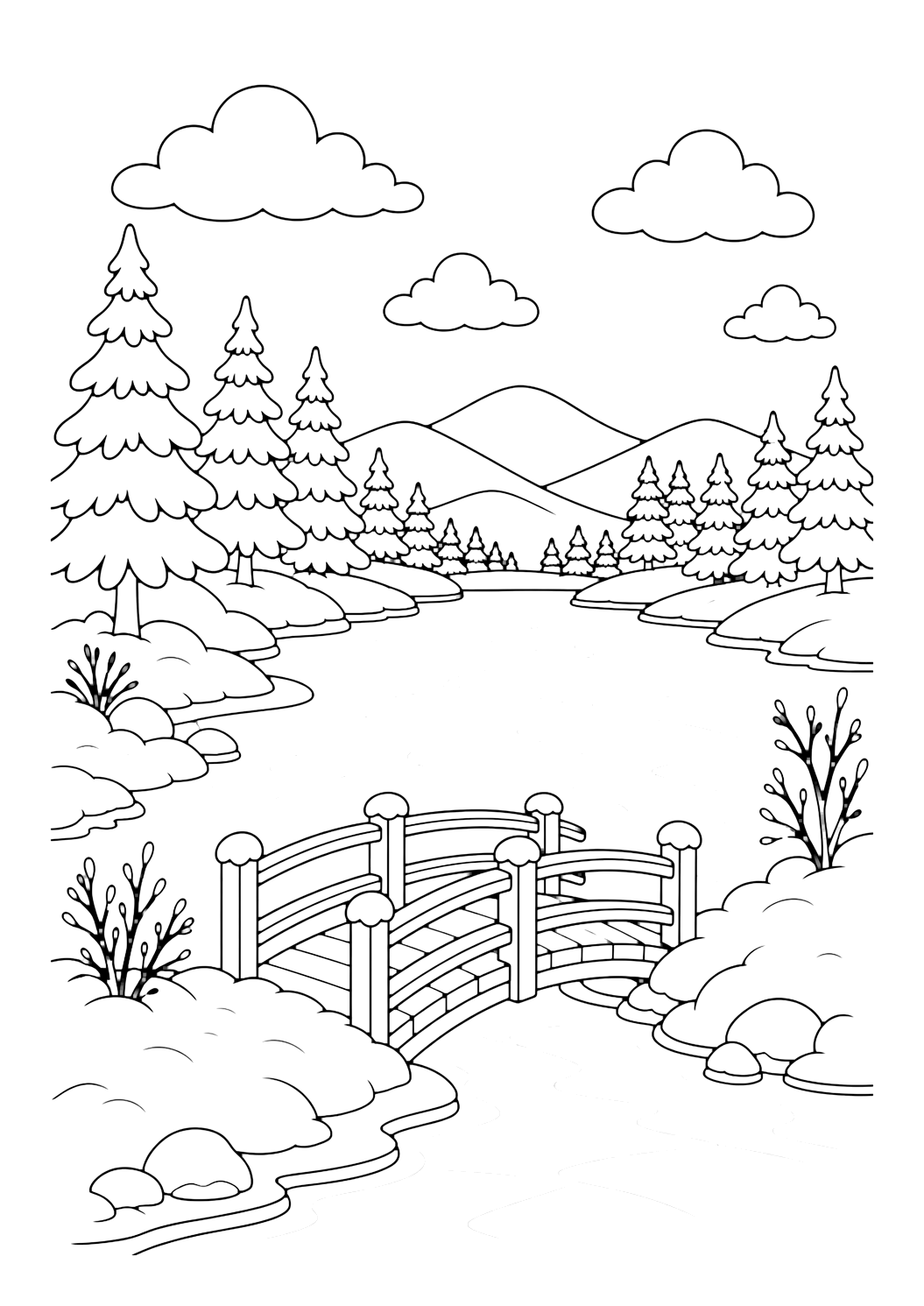 Ausmalbild Brücke am zugefrorenen See mit einer kleinen Holzbrücke am Rand eines zugefrorenen Sees, Schneehaufen, Kiefern und Wolken, für Kinder
