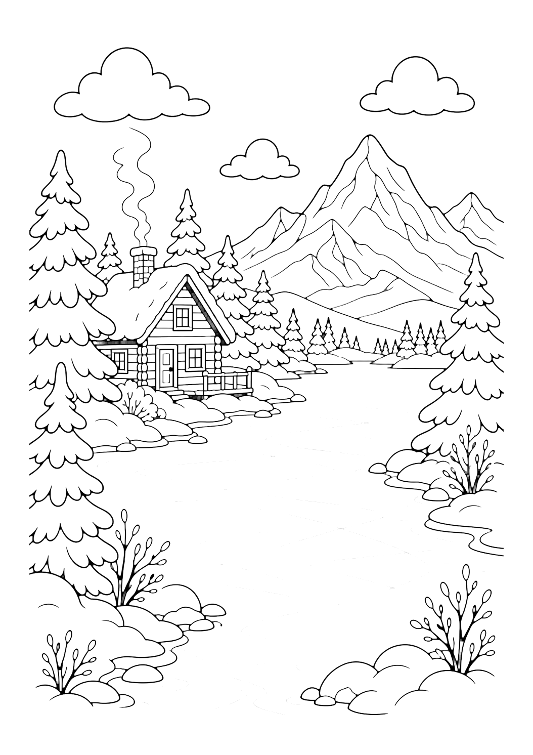 Malvorlage Hütte am zugefrorenen See mit einer kleinen Hütte neben einem zugefrorenen See, verschneiten Kiefern, Bergen, Rauch aus dem Schornstein und Himmel, für Kinder