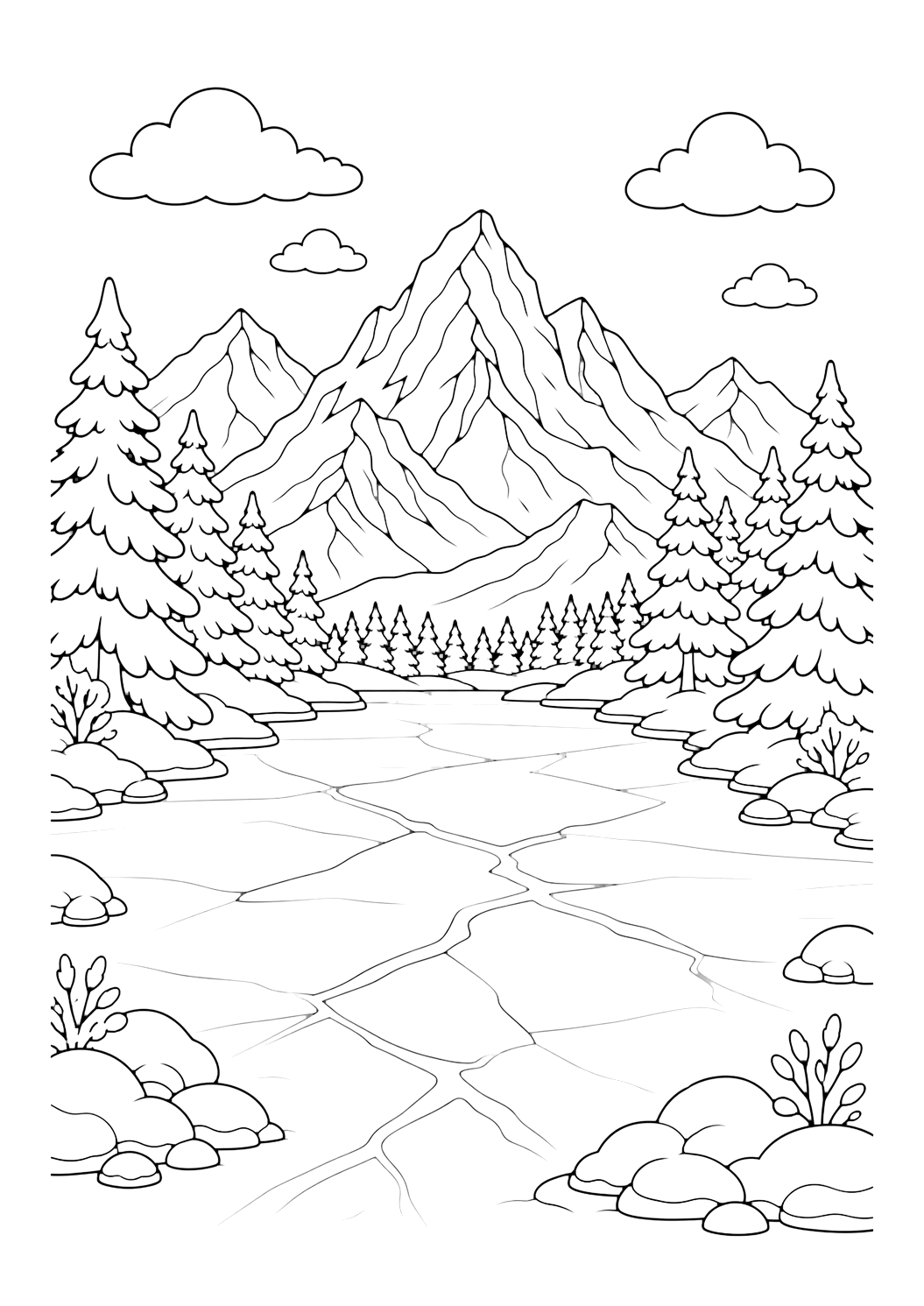 frozen lake with mountains coloring page with a frozen lake below snowy mountains with pine trees, ice cracks, clouds, and open sky for kids