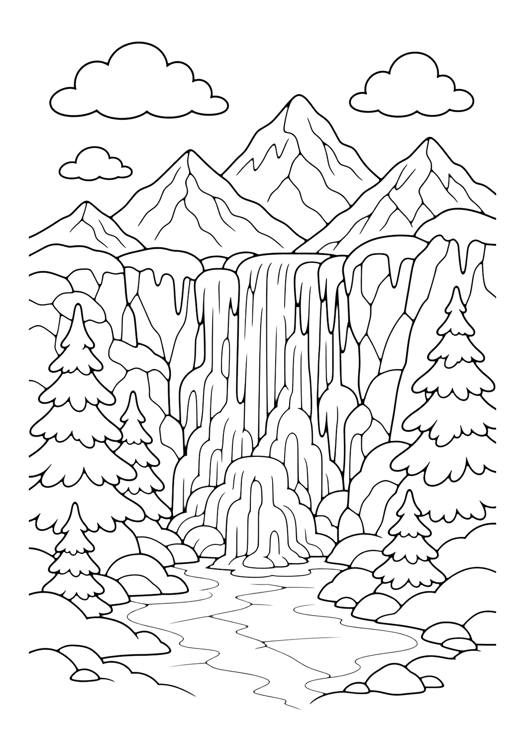 Gefrorener Wasserfall in den Bergen Ausmalbild
