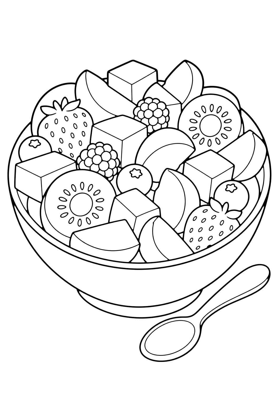 fruit salad bowl coloring page with a bowl of chunky fruit salad with large melon cubes, peach slices, berries, kiwi rounds, and a simple spoon