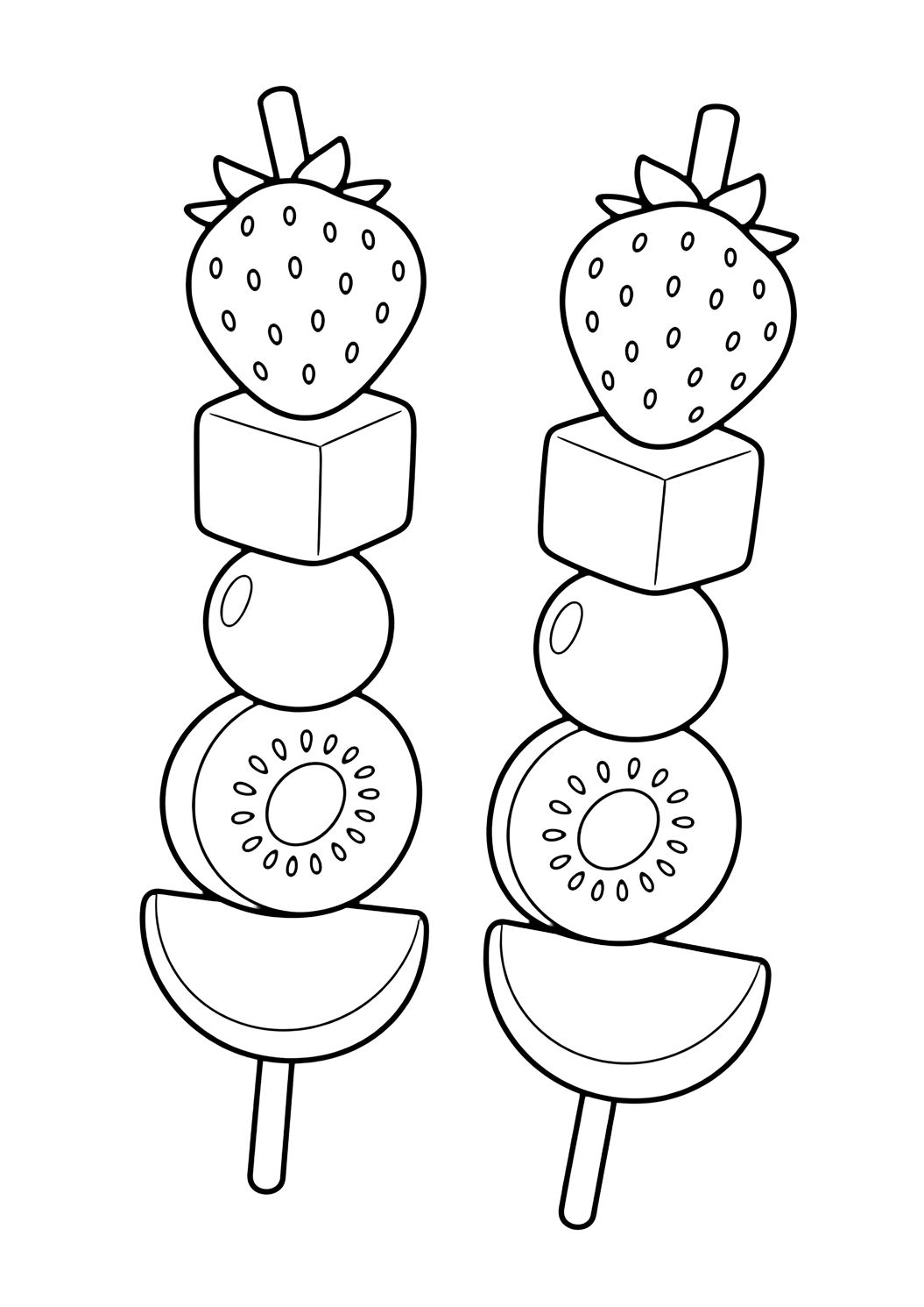 fruit skewers coloring page with two fruit skewers with large strawberry, melon cube, grape, kiwi, and peach shapes on simple sticks, with open white space