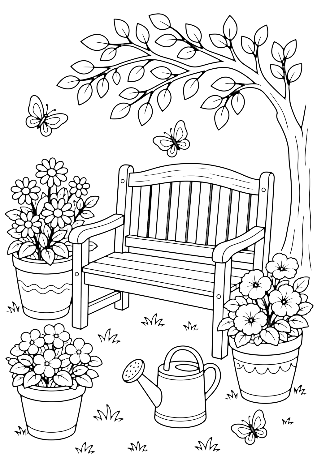 Banco de jardín con macetas para colorear con un banco de madera bajo una rama con hojas, tres macetas, una regadera, mariposas y hierba. Ideal para niños que disfrutan jardín para colorear para imprimir y colorear online.