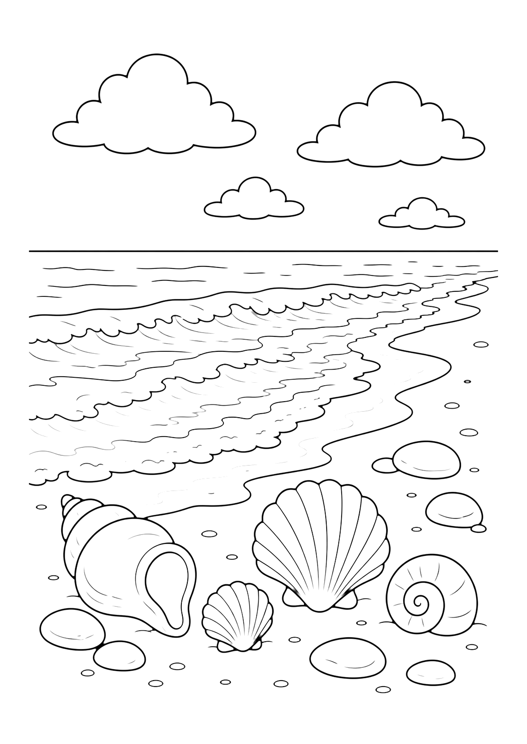 gentle waves on a sandy beach coloring page with gentle ocean waves washing onto a sandy beach with shells, smooth stones, clouds, and open horizon for kids