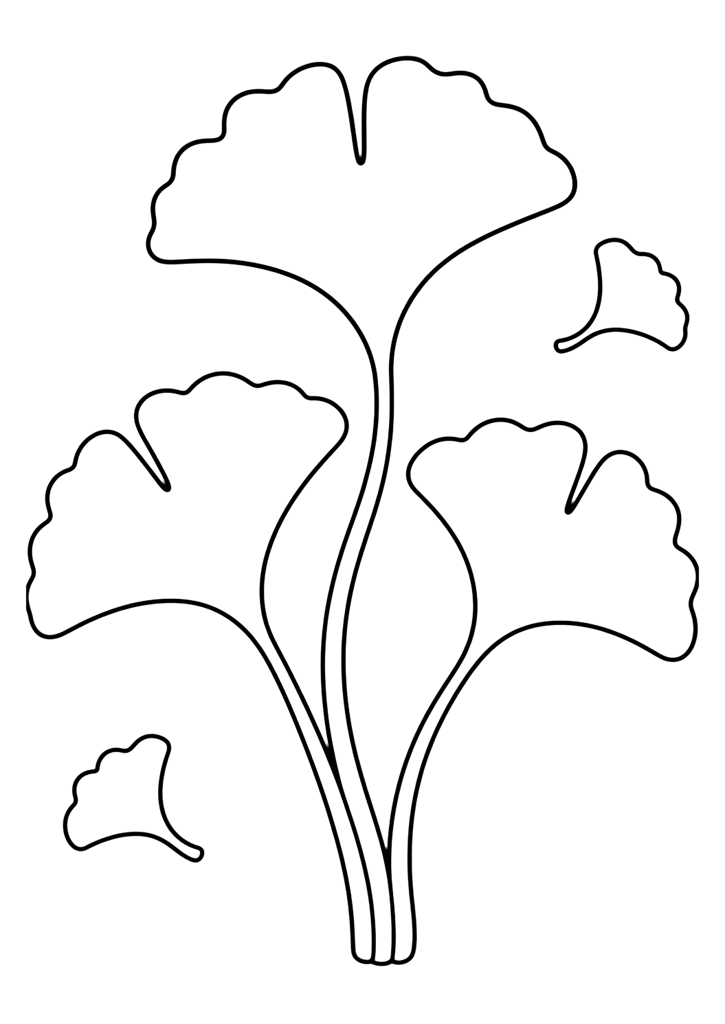 ginkgo leaves coloring page with three fan-shaped ginkgo leaves on curved stems and two tiny floating leaf shapes for kids