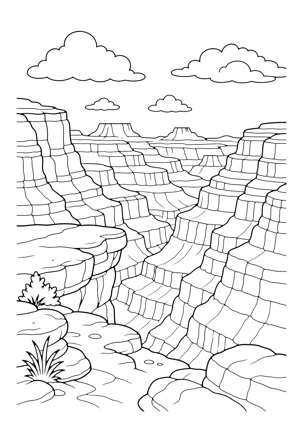 Grand Canyon layered cliffs coloring page with large layered Grand Canyon cliffs with clear horizontal rock bands, a simple foreground ledge, distant mesas, and clouds for kids