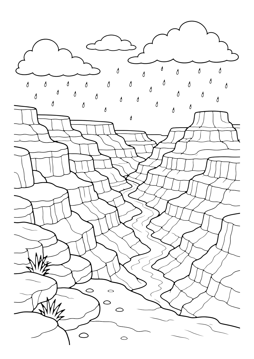 Grand Canyon rain clouds coloring page with Grand Canyon cliffs under gentle rain clouds with simple raindrops far in the sky, a river line, mesas, and rock layers for kids