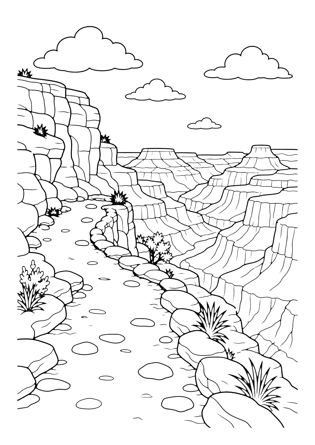 Grand Canyon rim trail coloring page with a safe winding rim trail beside Grand Canyon cliffs with trail stones, small desert plants, distant mesas, and open sky for kids