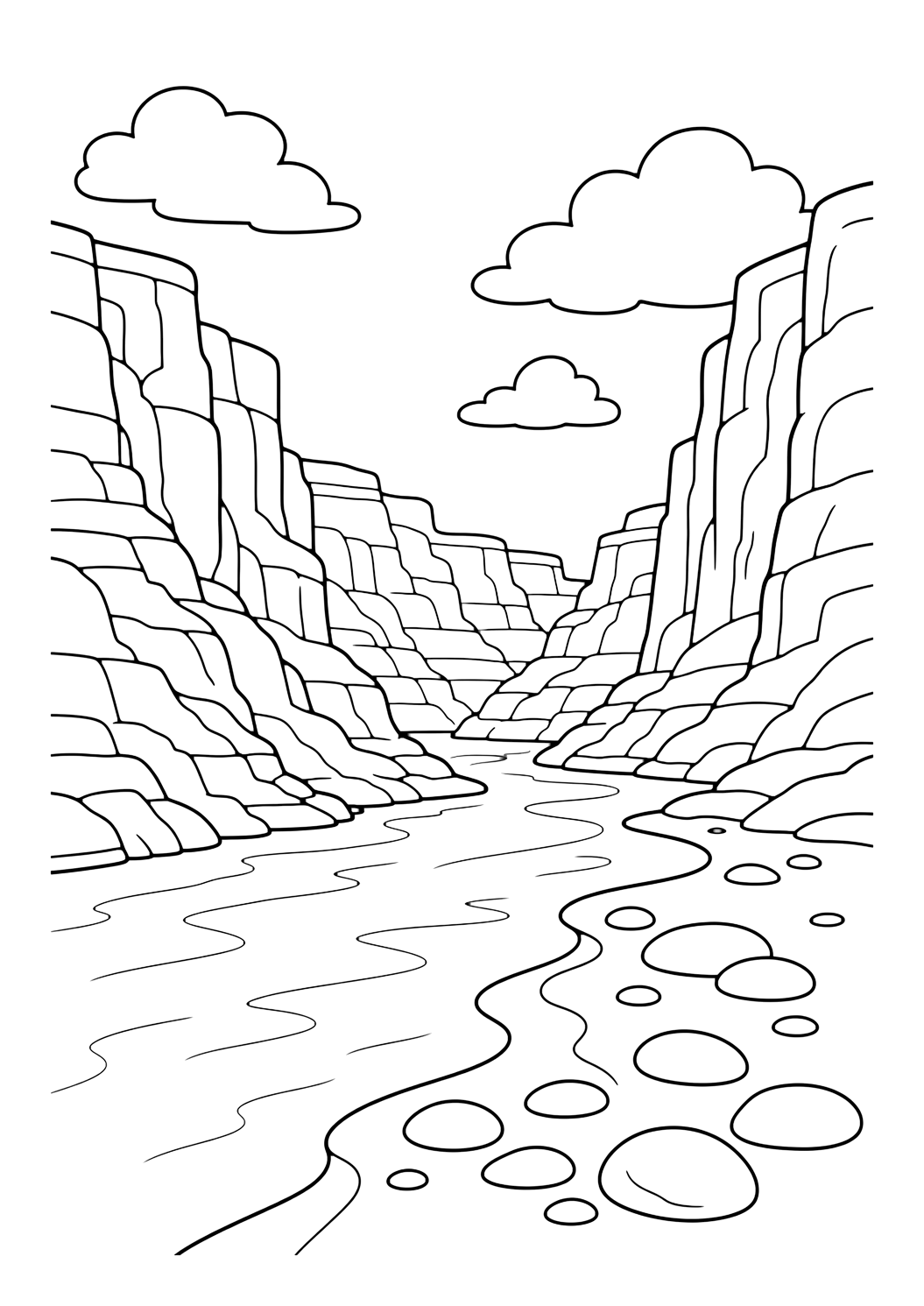 Grand Canyon river bend coloring page with a gentle river bend at the bottom of the Grand Canyon with tall cliffs on both sides, rounded river stones, and wide sky for kids