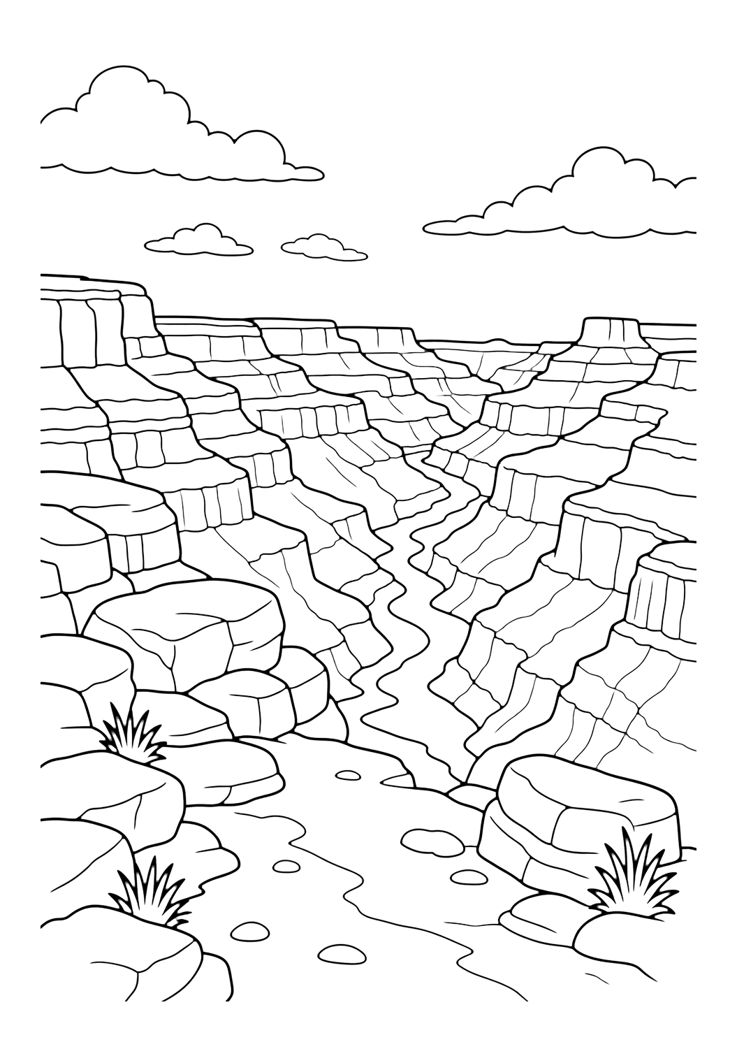 Grand Canyon South Rim view coloring page with a wide Grand Canyon South Rim view with layered canyon walls, a winding river far below, flat mesas, smooth boulders, and open sky for kids