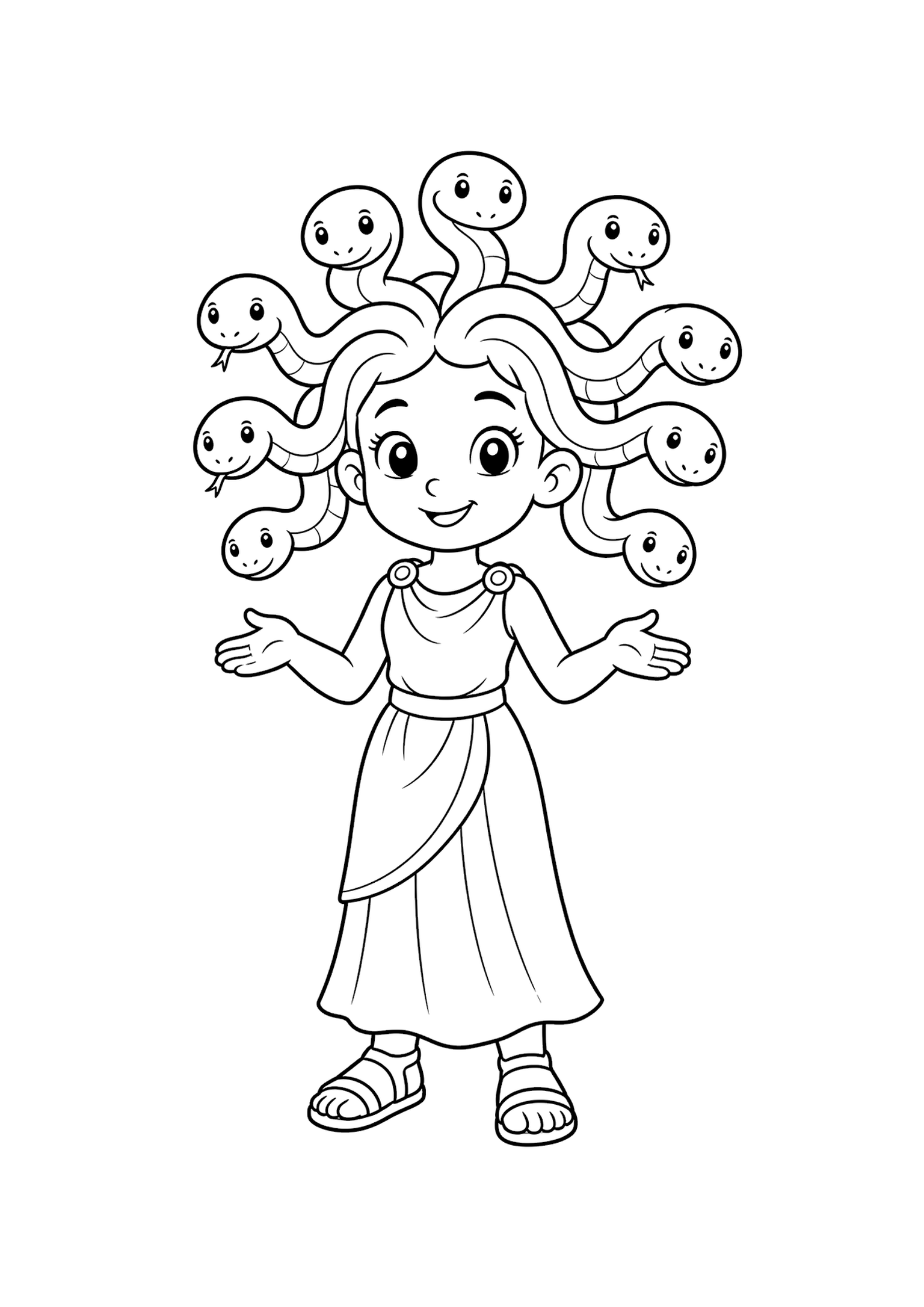 Friendly Medusa-Inspired Creature coloring page for kids with clean closed outlines and simple Greek mythology creature design