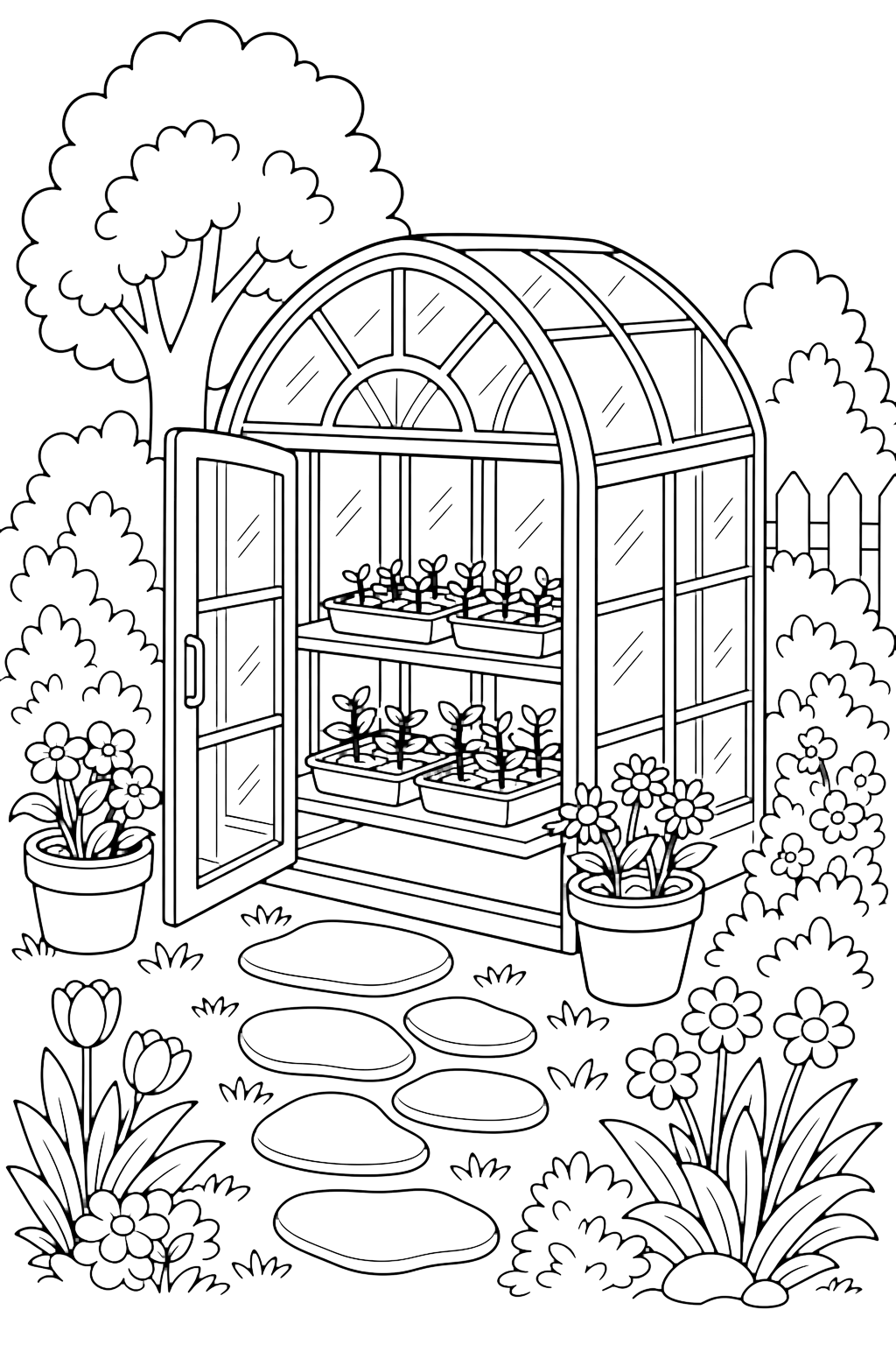 Serra con piantine da colorare con una piccola serra ad arco con porte aperte, vassoi di piantine, vasi, pietre del sentiero e piante da giardino. Perfetta per i bambini che amano i disegni di giardino da colorare da stampare e colorare online.