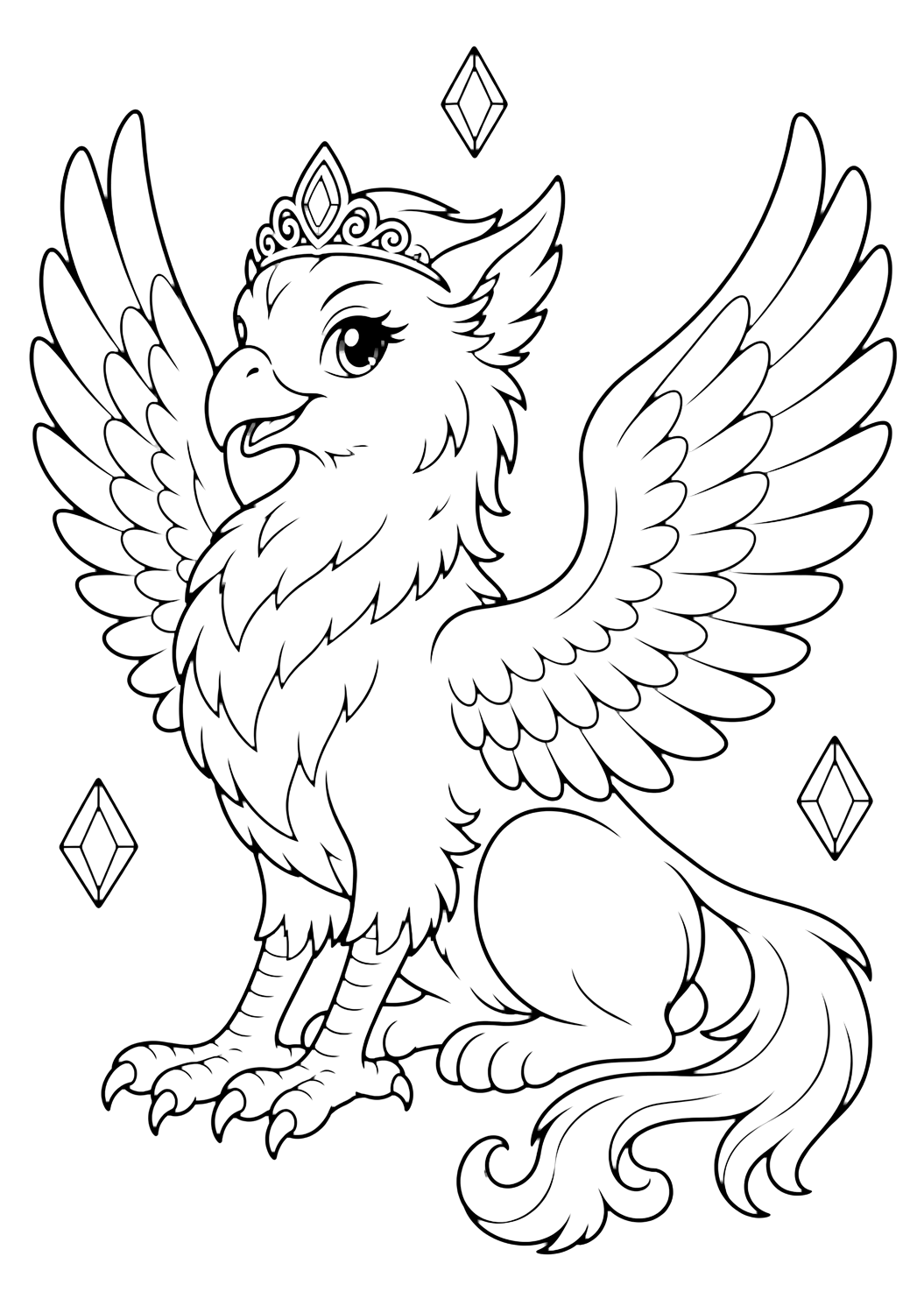 Griffin princess with a tiara coloring page with a pretty griffin wearing a simple tiara, with soft feather wings, a fluffy chest, and a long curled tail and a simple tiara and three small jewel shapes