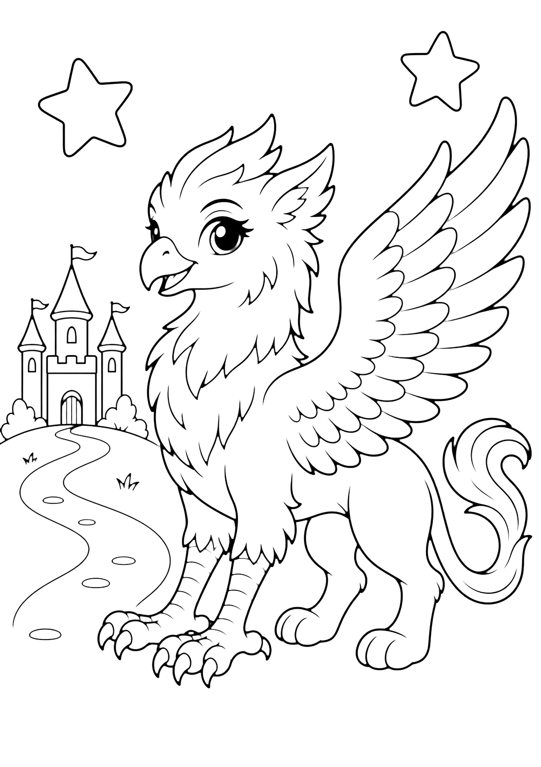 Griffin with a castle coloring page with a beautiful griffin standing in front of one small simple fairy tale castle in the distance and one small simple castle, two stars, and a curved path