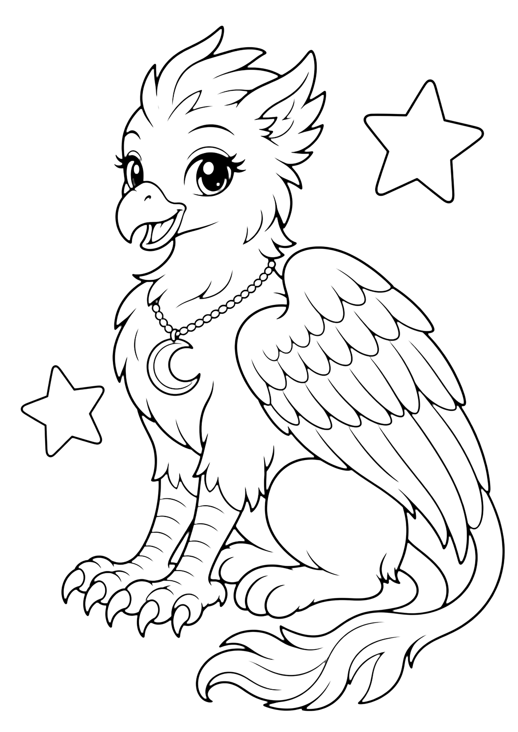 Griffin with a moon necklace coloring page with a pretty griffin wearing one crescent moon necklace with folded wings and a gentle smile and one crescent moon necklace and two large stars