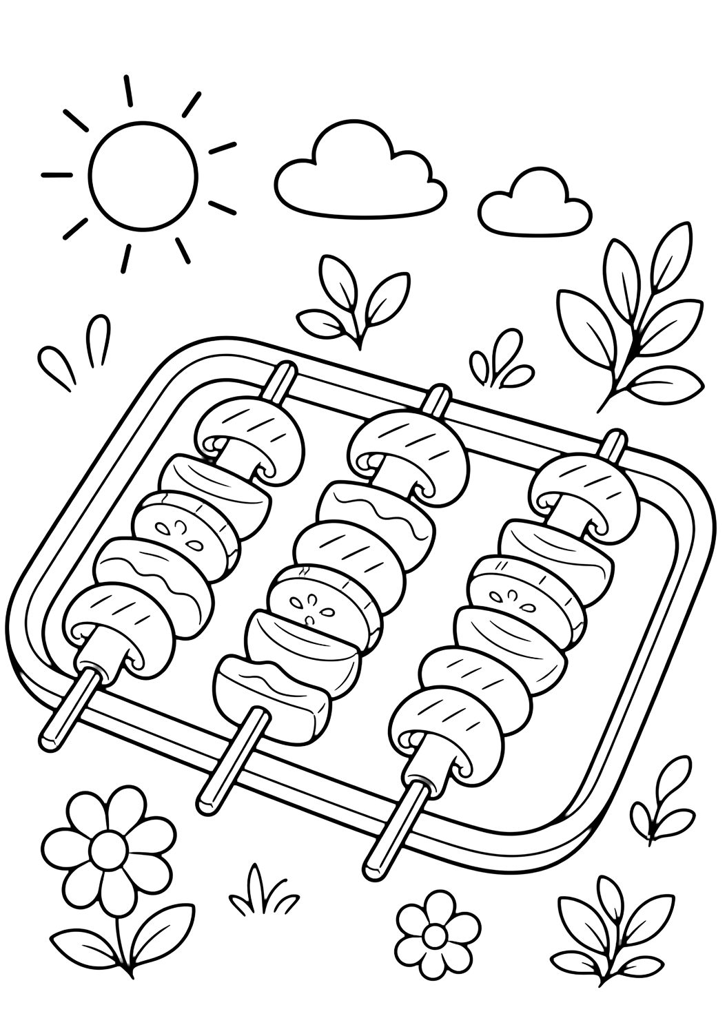 Dibujo de barbacoa y picnic con brochetas a la parrilla. Ideal para verano, impresión, descarga y coloreado online.