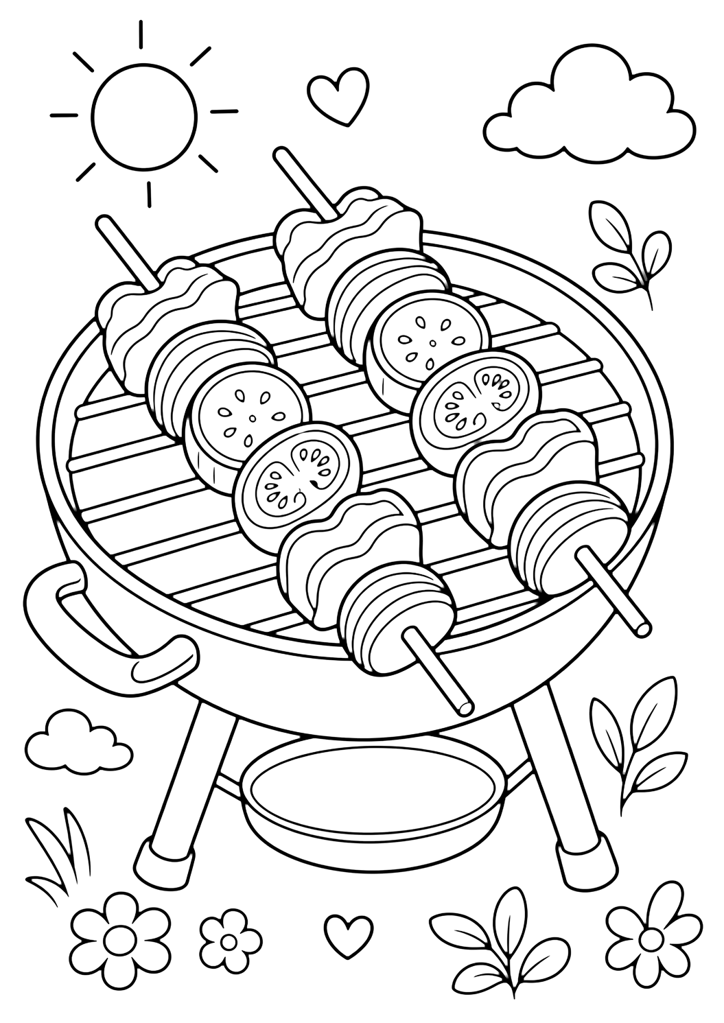 Dibujo de barbacoa y picnic con brochetas de verduras a la parrilla. Ideal para verano, impresión, descarga y coloreado online.