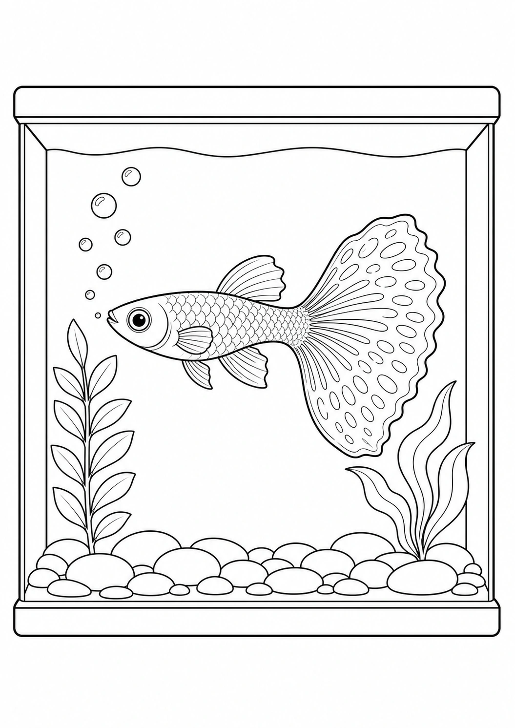 Disegno da colorare di guppy in acquario per bambini