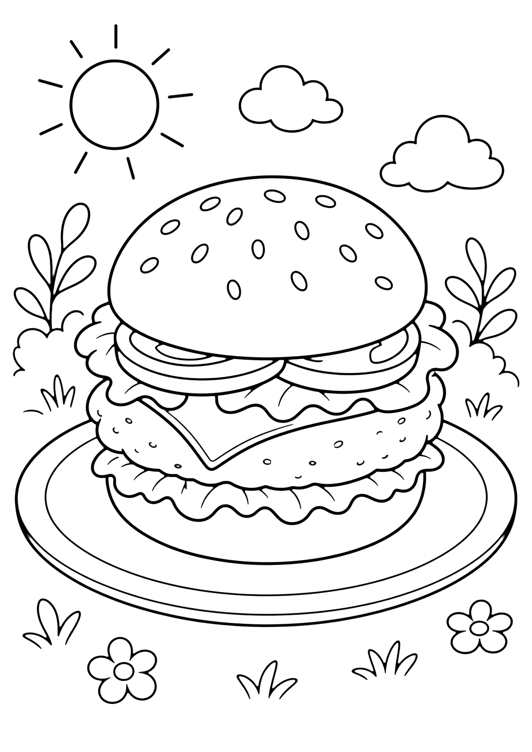 Dibujo de barbacoa y picnic con hamburguesa. Ideal para verano, impresión, descarga y coloreado online.