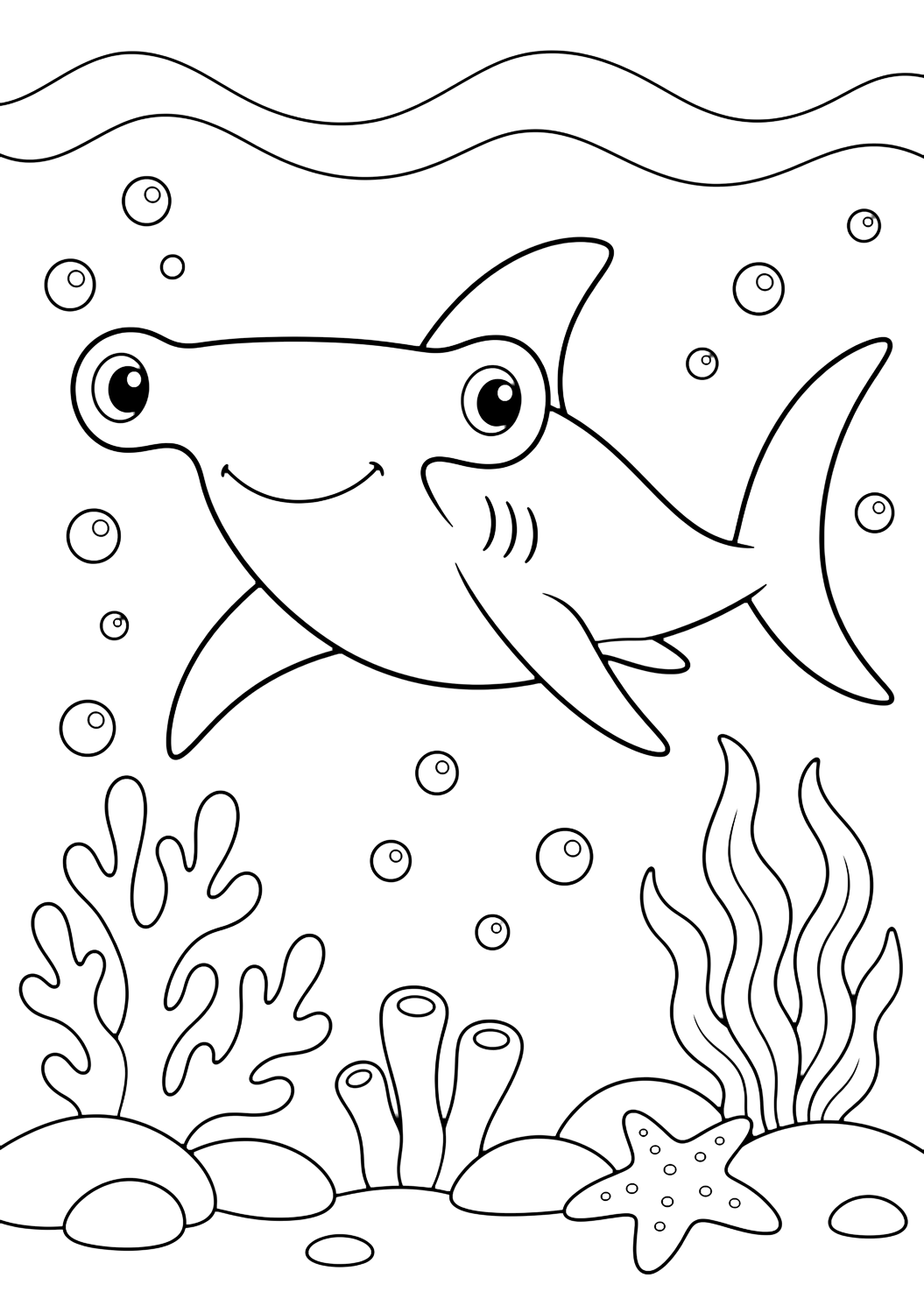 Coloriage avec Requin-marteau. Idéal pour enfants, thèmes de l'océan, impression et coloriage en ligne.
