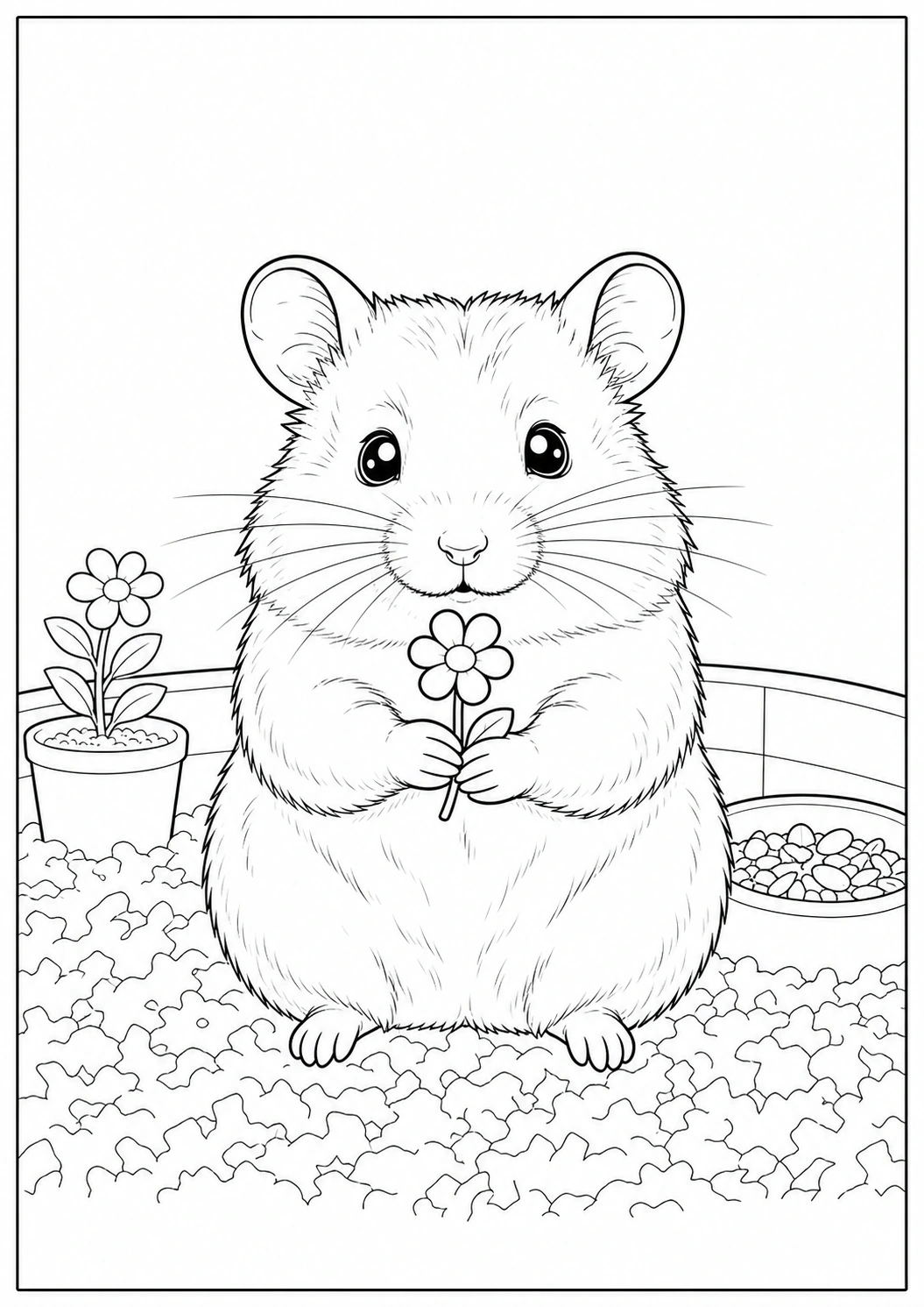 Hamster with Small Flower coloring page for kids