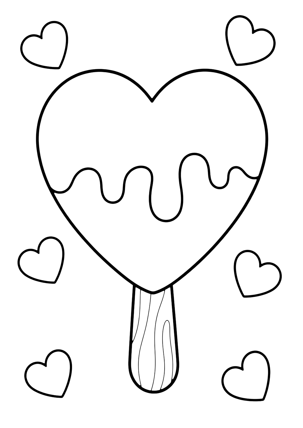 heart popsicle coloring page with a heart-shaped popsicle on a wooden stick with a few small heart shapes around it, clean outlines, and no words for kids