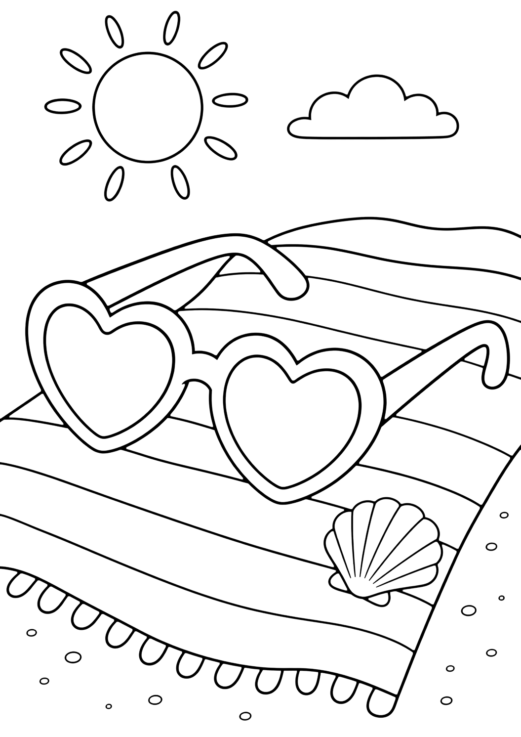 heart sunglasses coloring page with heart-shaped sunglasses on a wide striped beach towel with a small shell and simple sun