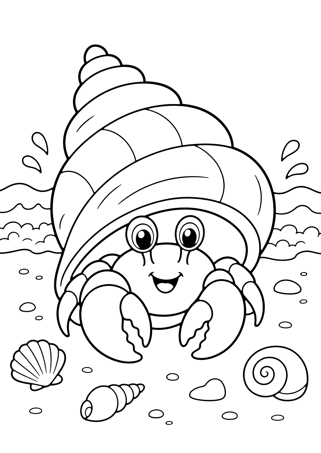 Dibujo para colorear con Cangrejo ermitaño. Ideal para niños, temas del océano, impresión y coloreado online.