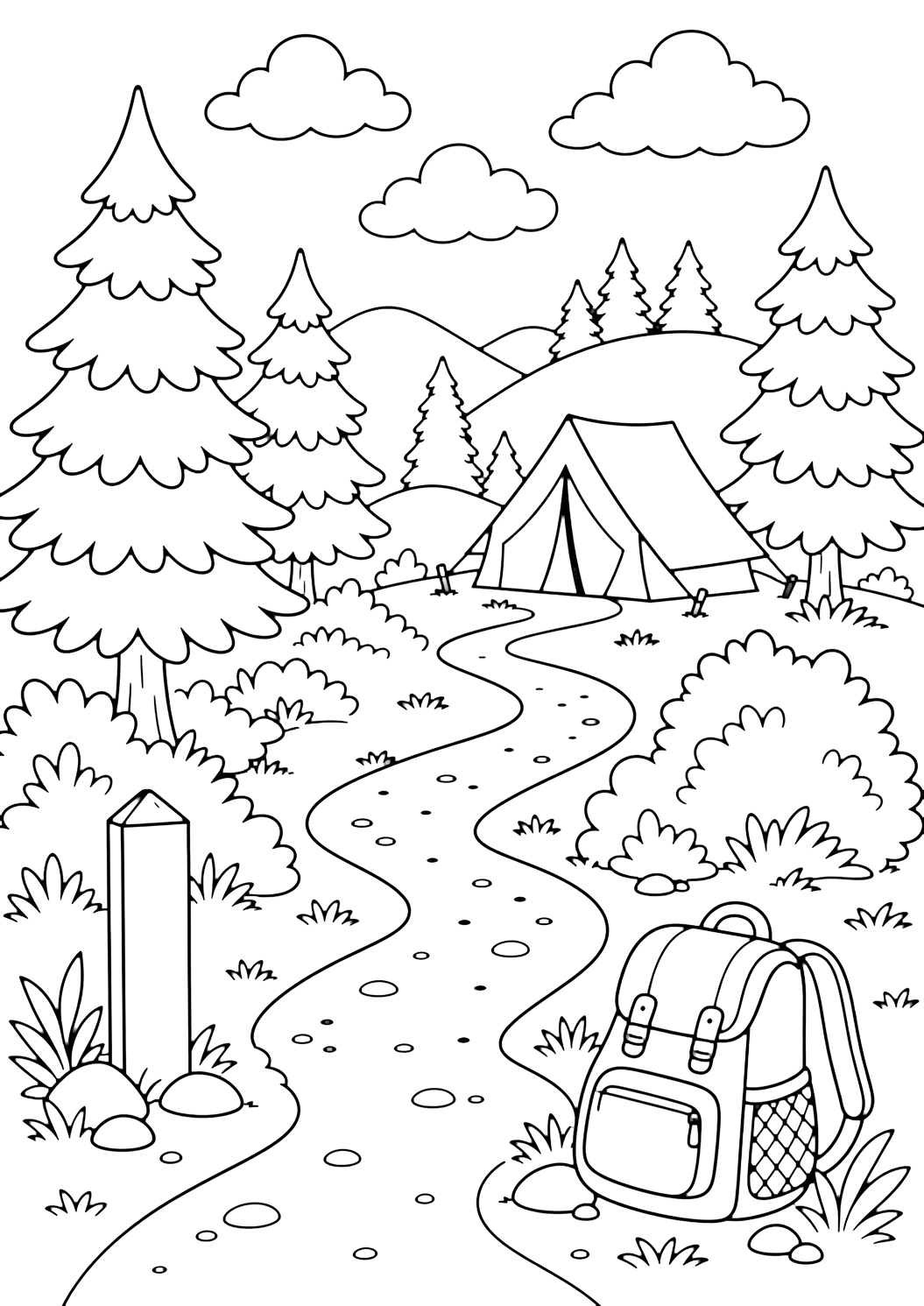 Dibujo de camping con sendero hacia el camping. Ideal para imprimir, descargar, colorear online y actividades tranquilas de verano.
