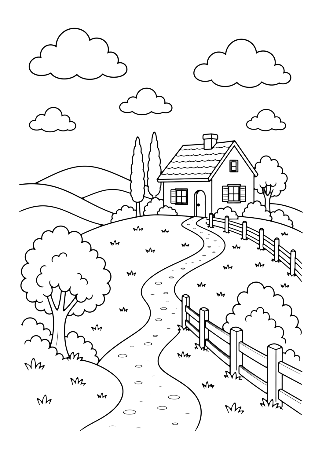 Casita de campo en la colina para colorear