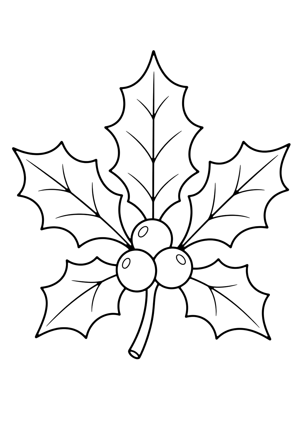 holly leaves coloring page with a small holly sprig with five pointed holly leaves, simple central veins, three round berries, and a short curved stem for kids