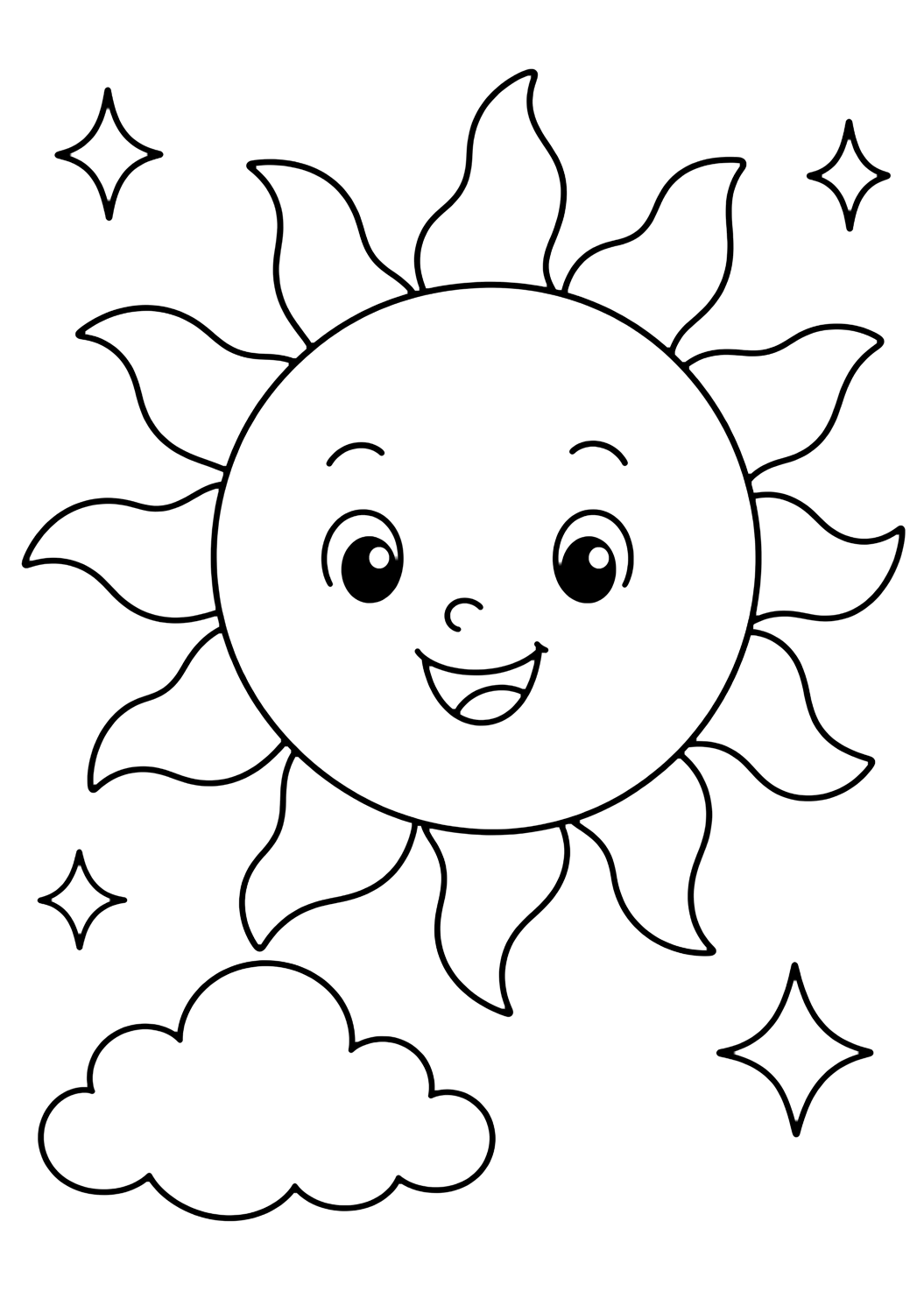 hot summer sun coloring page with a large sun with wavy heat rays, a small cloud, and simple summer sparkle shapes for kids
