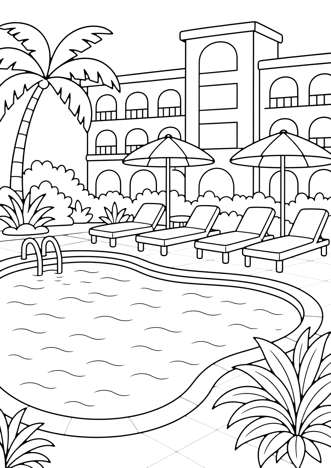 Disegno di piscina con piscina dell'hotel. Adatto a bambini, estate, stampa e colorazione online.