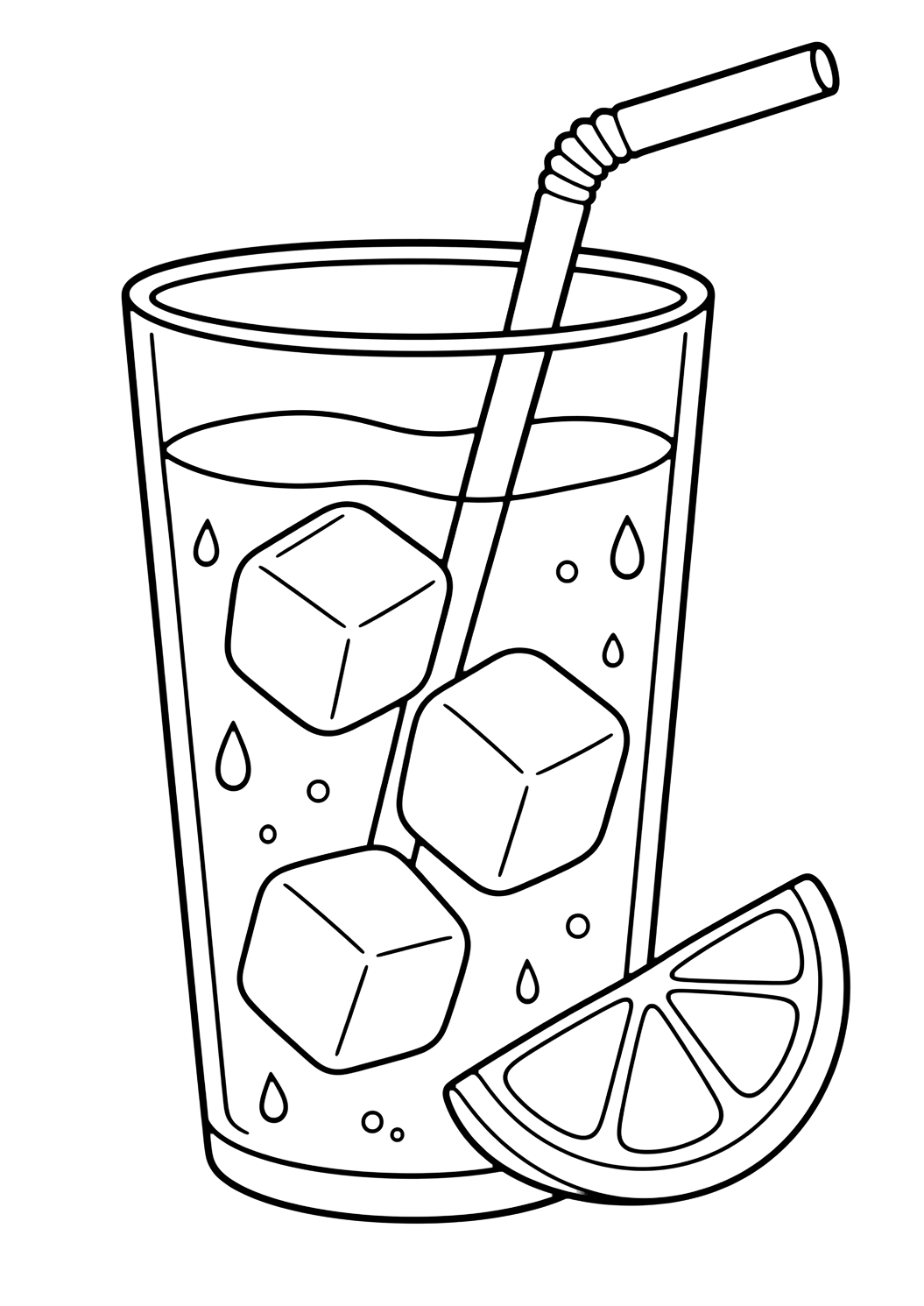 ice cold lemonade cup coloring page with a tall cup of lemonade with big ice cubes, condensation drops, a bendy straw, and one lemon wedge