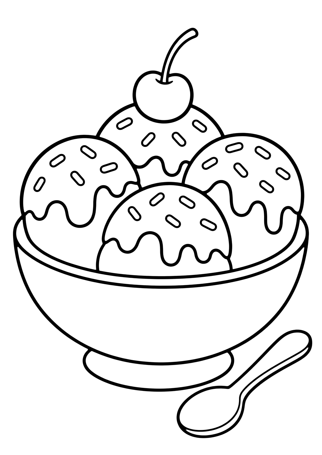 ice cream bowl with cherry coloring page with a round bowl holding three ice cream scoops with syrup, sprinkles, a cherry on top, and a small spoon beside it for kids
