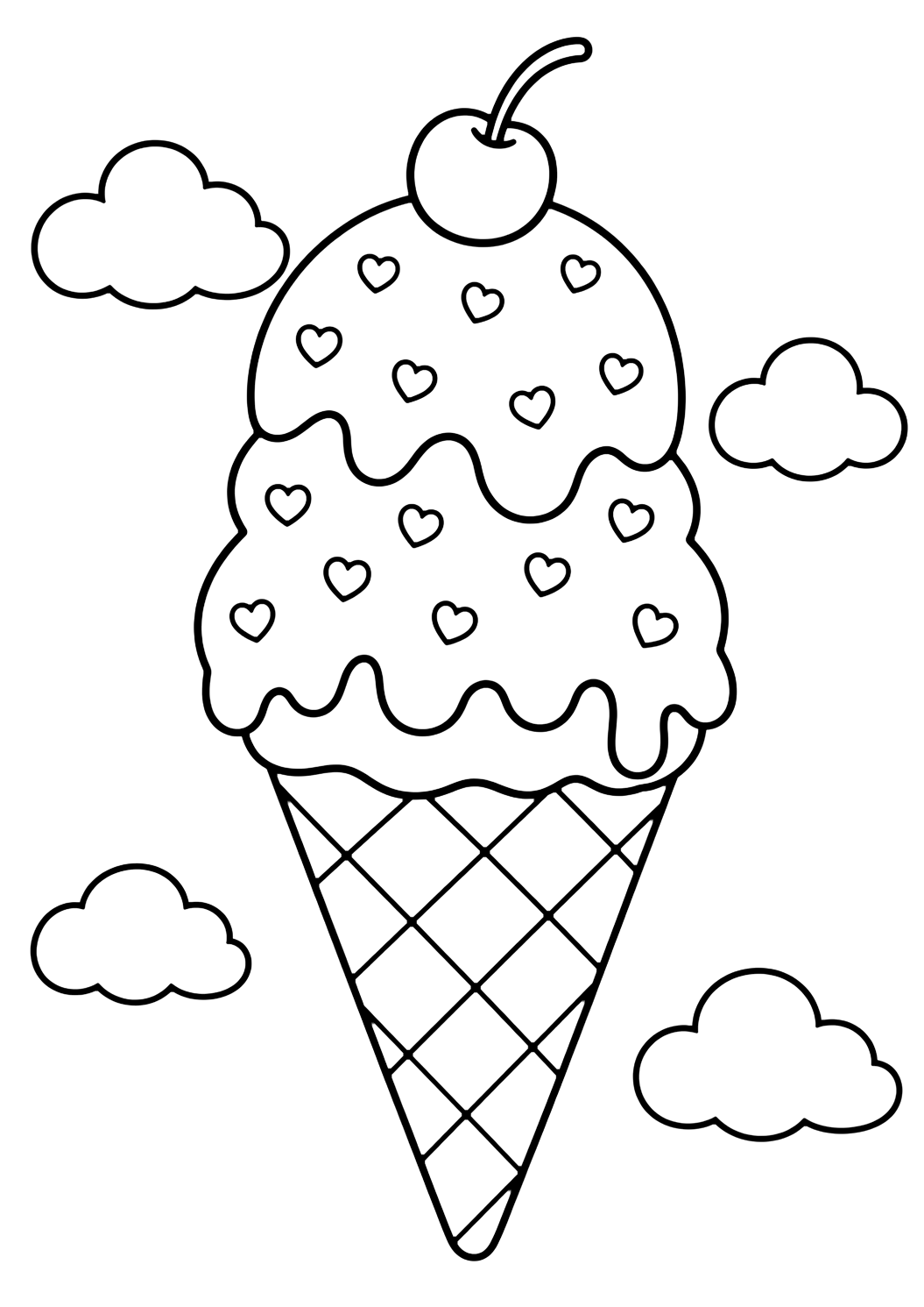 ice cream cone with heart sprinkles coloring page with one cute ice cream cone with two scoops, tiny heart-shaped sprinkles, a cherry, and soft cloud shapes in the background for kids
