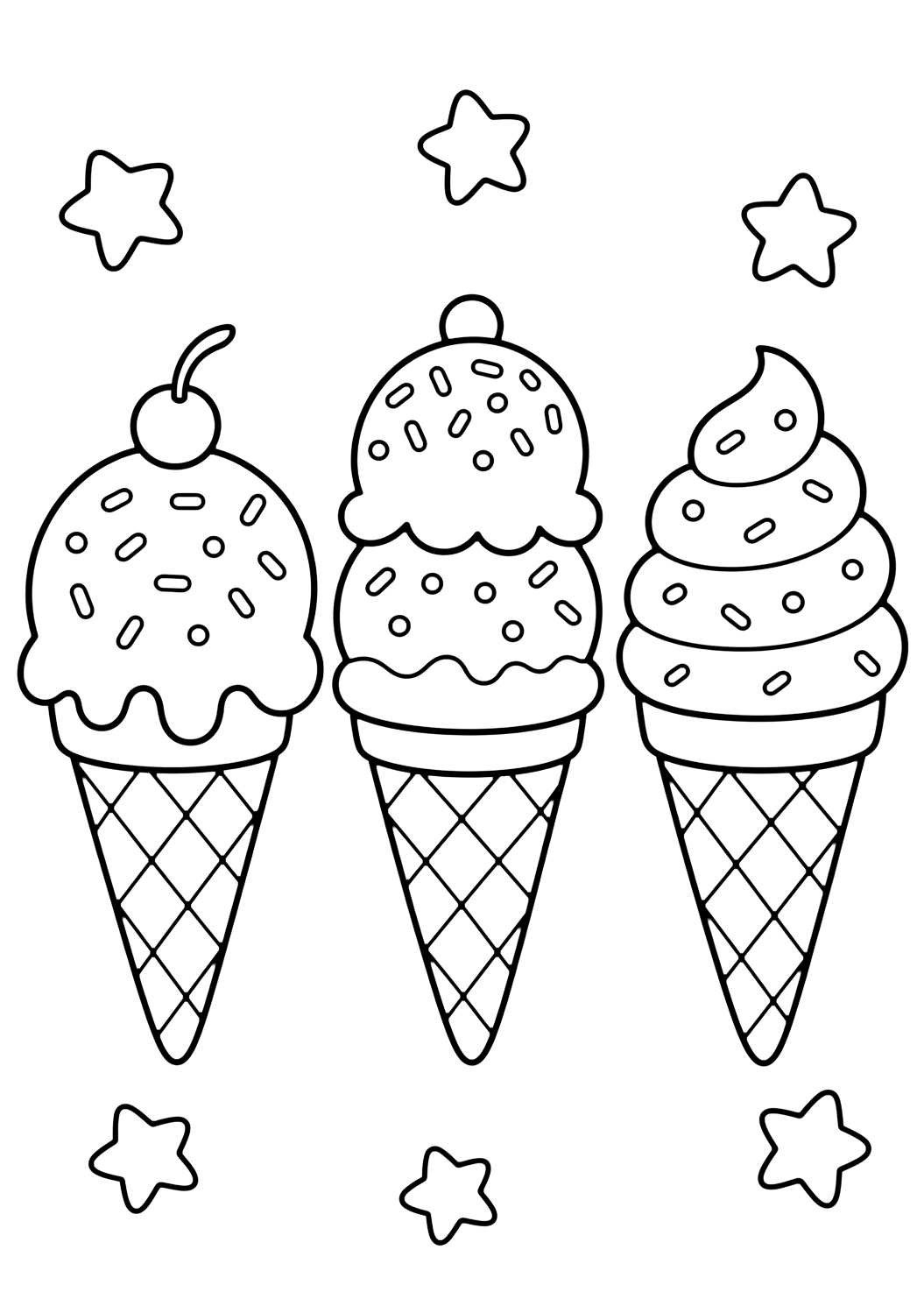 ice cream cones trio coloring page with three small ice cream cones standing side by side with different scoop shapes, sprinkles, and simple summer stars for kids