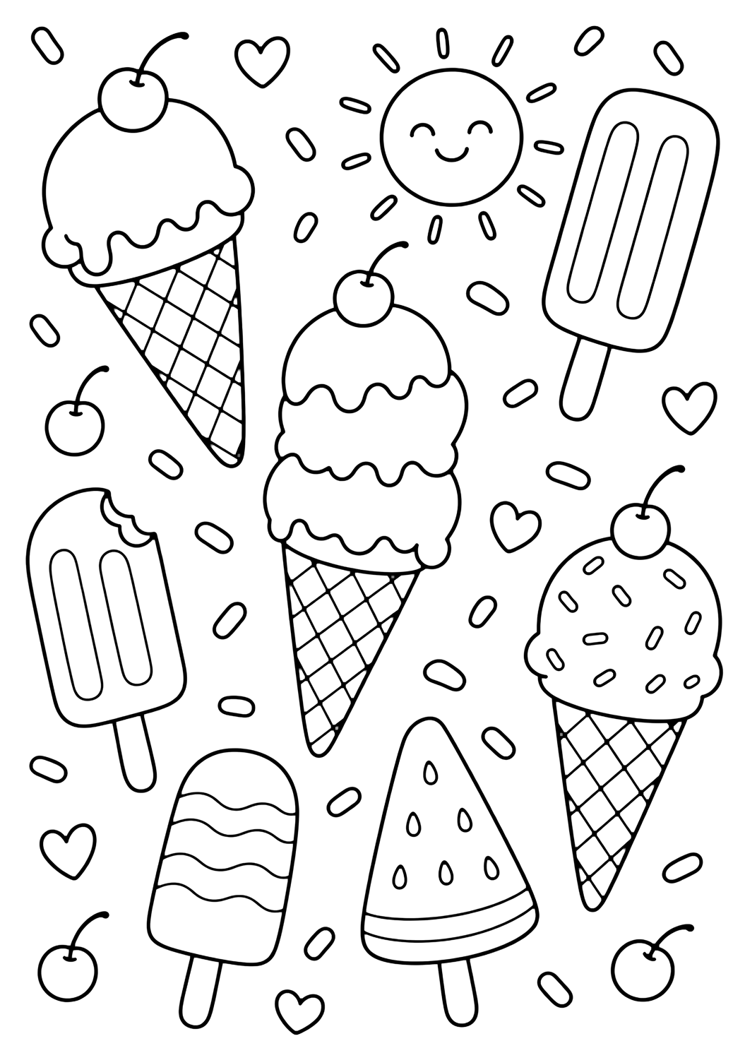 Лятна doodle картинка за оцветяване с сладолед doodle. Подходяща за деца, печат и онлайн оцветяване.