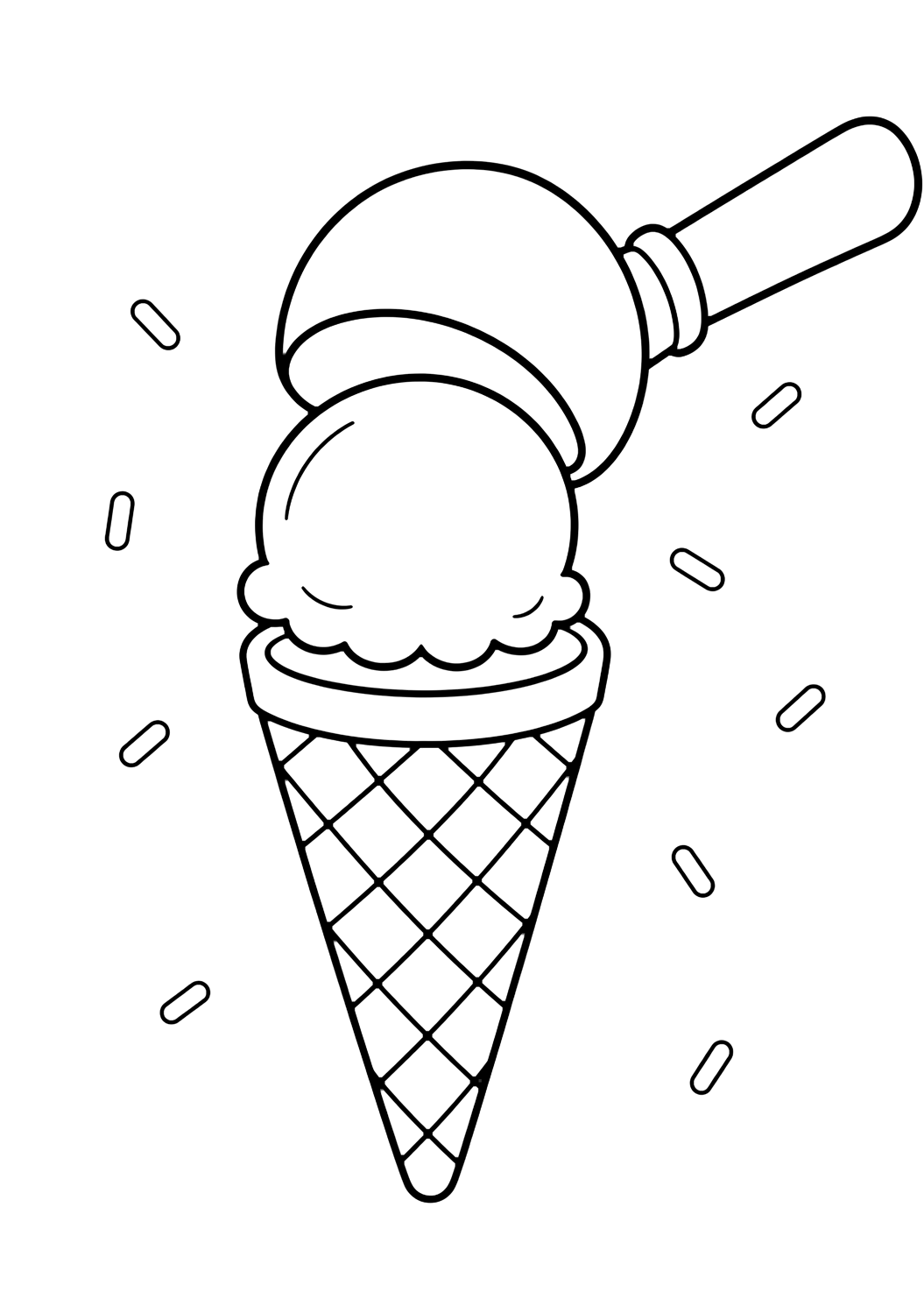 ice cream scoop and cone coloring page with an ice cream scoop tool placing one round scoop onto a waffle cone, with a few sprinkles and open white space for kids