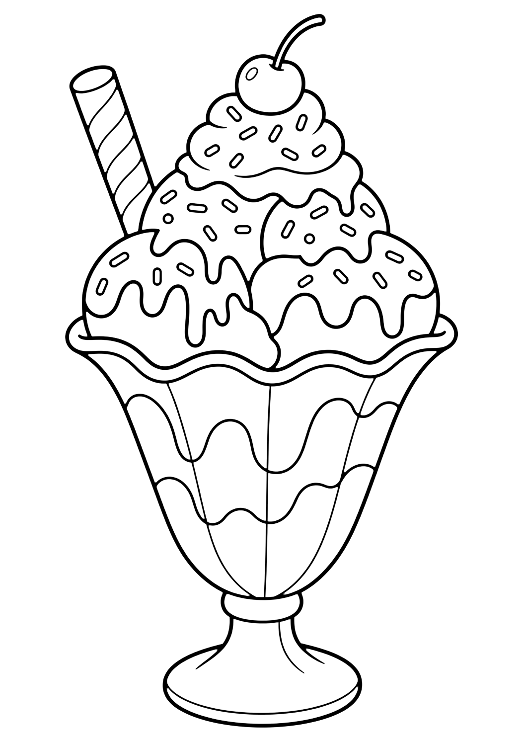 ice cream sundae glass coloring page with a tall sundae glass with scoops, whipped cream, syrup, sprinkles, a wafer stick, and a cherry, with no text for kids
