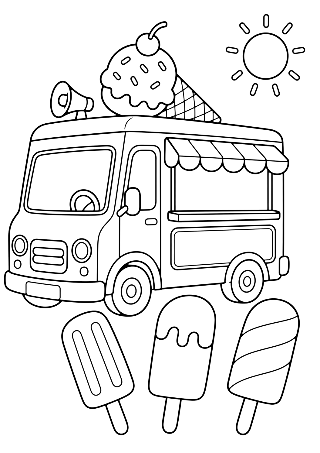 Coloriage de camion de glace avec camion de glace et esquimaux. Idéal pour enfants, été, impression et coloriage en ligne.