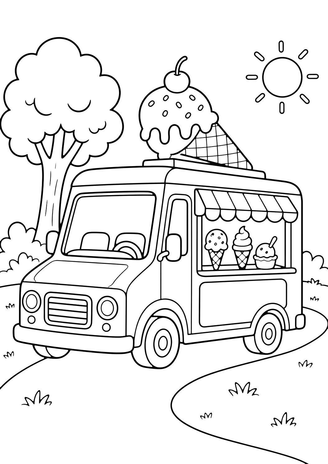ice cream truck in a park coloring page with an ice cream truck parked beside a simple park path with one tree, small grass patches, a sun, and a blank menu panel on the truck for kids